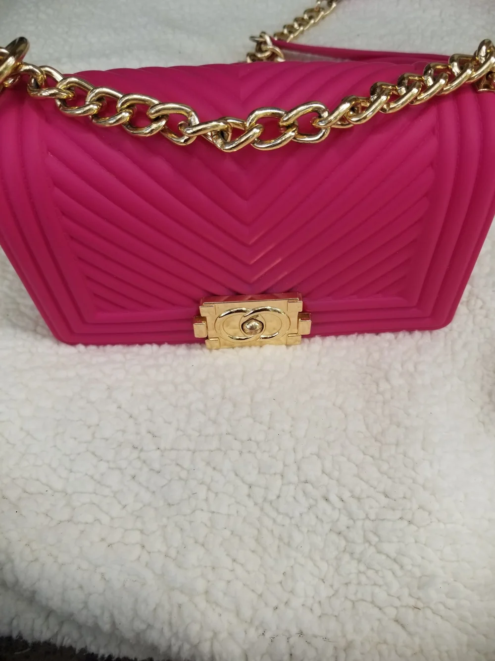 Hot Pink Quilted Jelly Crossbody Bag with Gold Chain